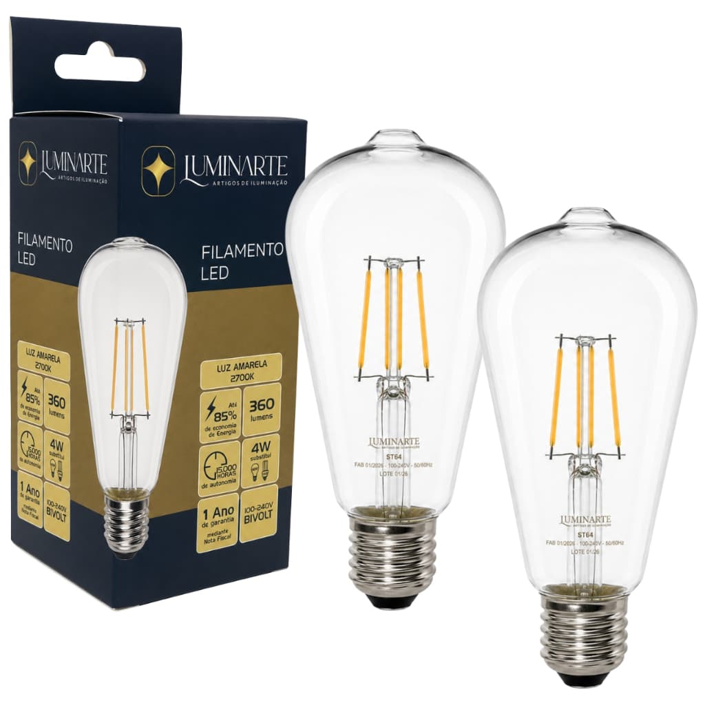 Kit 2 Lâmpada Filamento Led Retrô Vintage Transparente Bivolt 4W ST64 E27 LUZ AMARELA - LUMINARTE