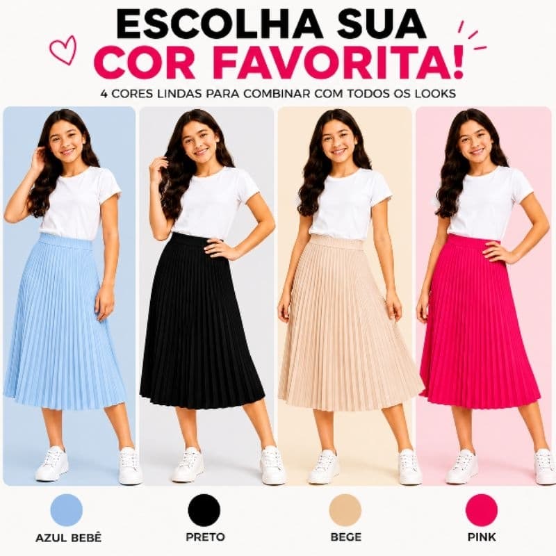 Saia Midi Plissada Infantil menina 8 ao 14