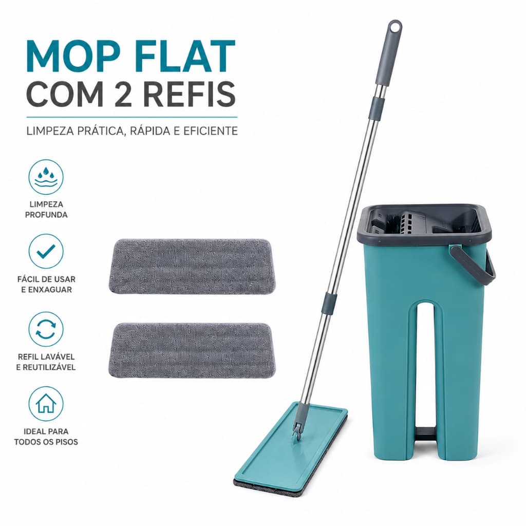 Mop Flat Esfregão Rodo Mágico Lava Seca Tira Pó Com Balde + 2 Refil Extra