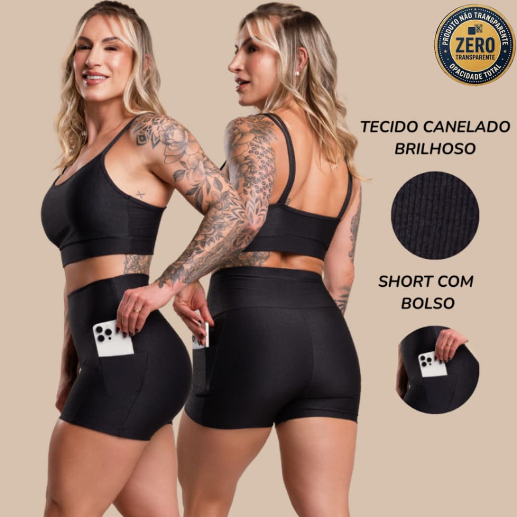 Conjunto Fitness Feminino Canelado Brilhoso Academia Top e Short Bolso Cintura Alta Brilho Look Esportivo RIQ Modas