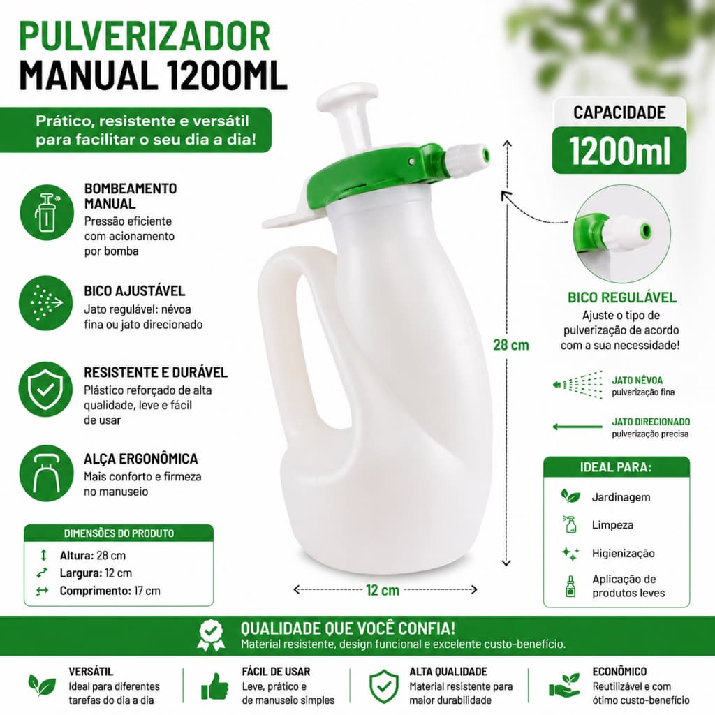 Pulverizador Manual Alta Pressão Borrifador Spray Compressão Prévia 1,2L Guarany Multiuso