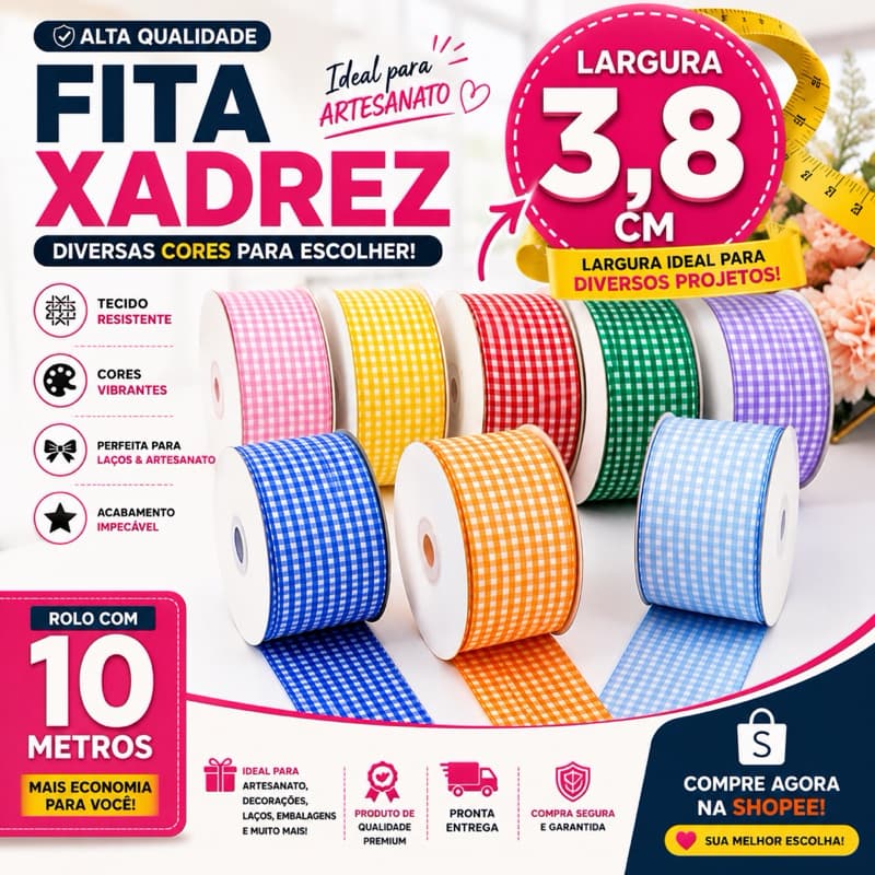 Fita Xadrez 38mm Rolo com 10 Metros Colorida Para Laços Artesanato Festa Junina Costura Embalagens