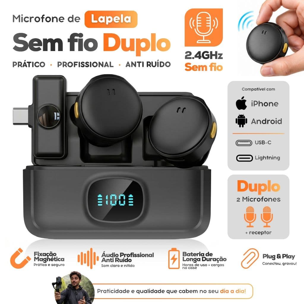 Kit 2 Microfone De Lapela Sem Fio Com Cancelamento De Ruído Magnético Profissional Para IPhone Android Type C