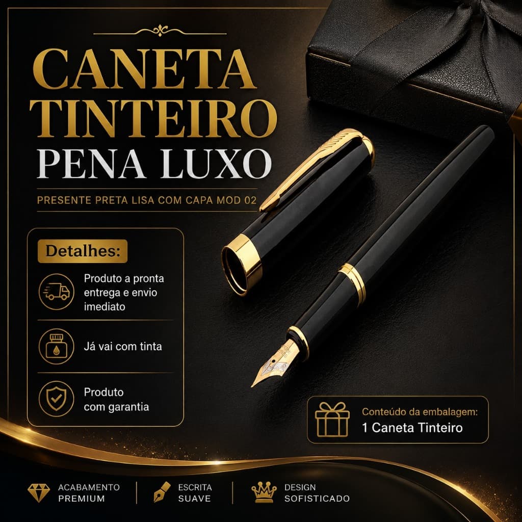 CANETA TINTEIRO PENA LUXO PRESENTE PRETA LISACOM CAPA MOD 02