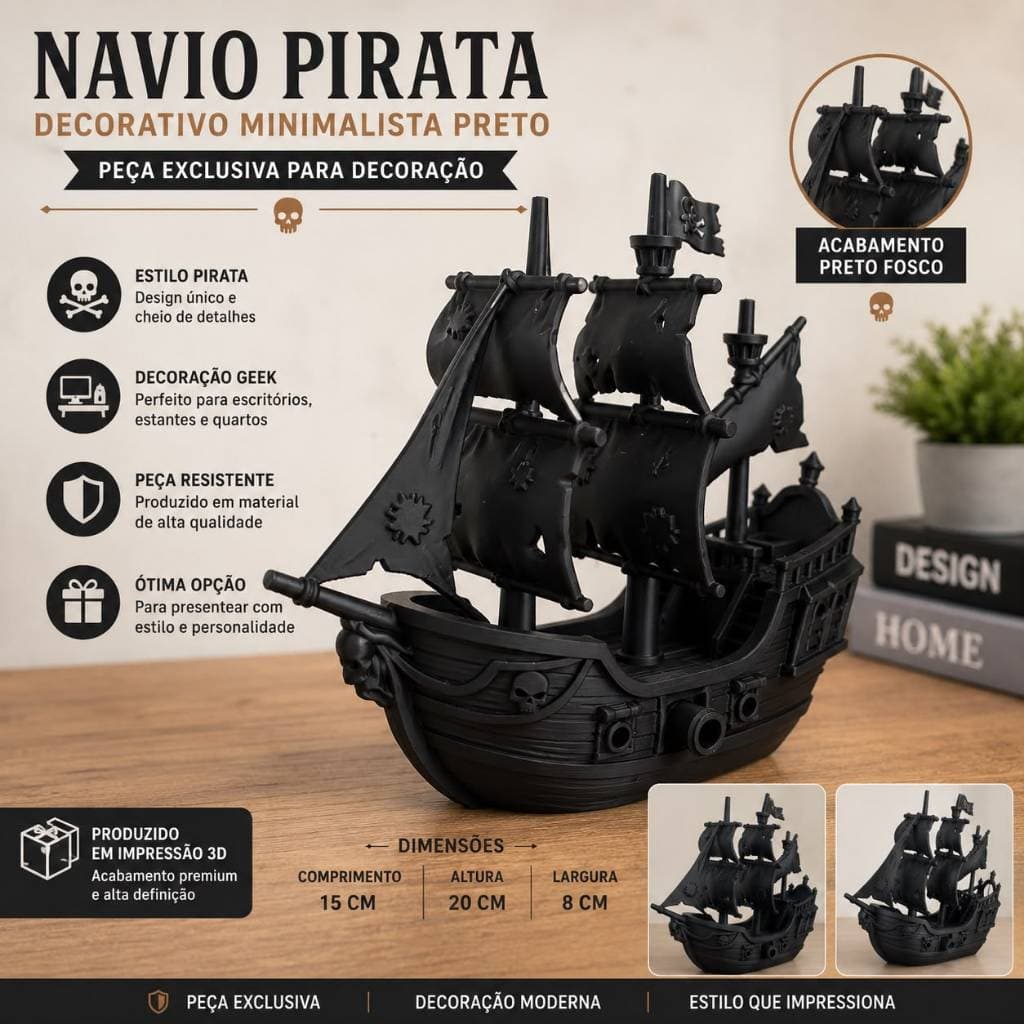 Navio Pirata Decorativo Minimalista Preto — Peça Exclusiva para Decoração Geek e Escritório
