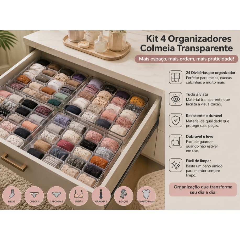 Kit 4 Organizadores Colmeia para Gavetas – Meias, Cuecas e Calcinhas com 24 Divisórias