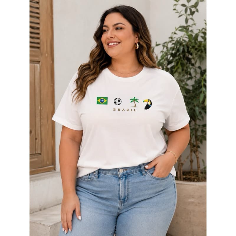 Camiseta Plus Size Feminina Brasil Casual Estampada Copa Futebol Manga Curta Brasil