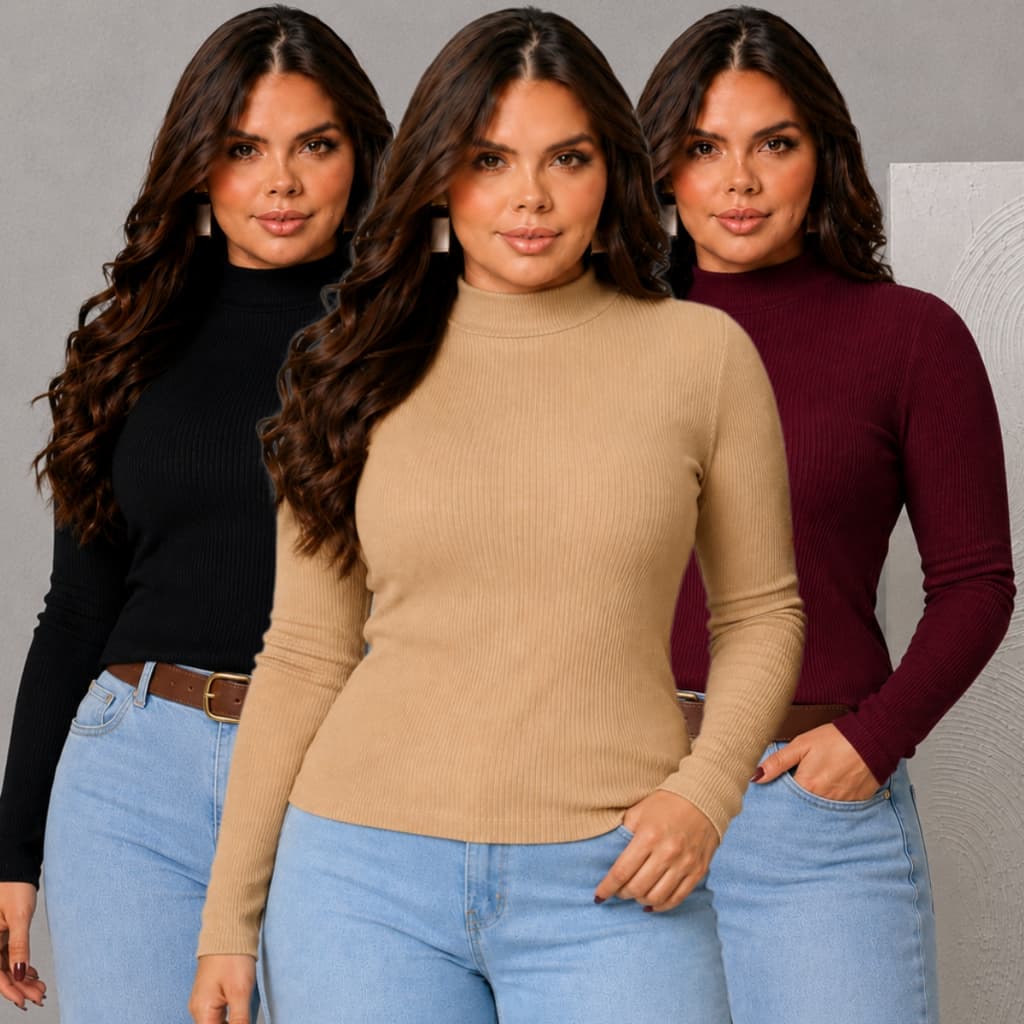 Kit 3 Blusa de Frio Feminina Cacharrel Segunda Pele Plus Size Gola Alta