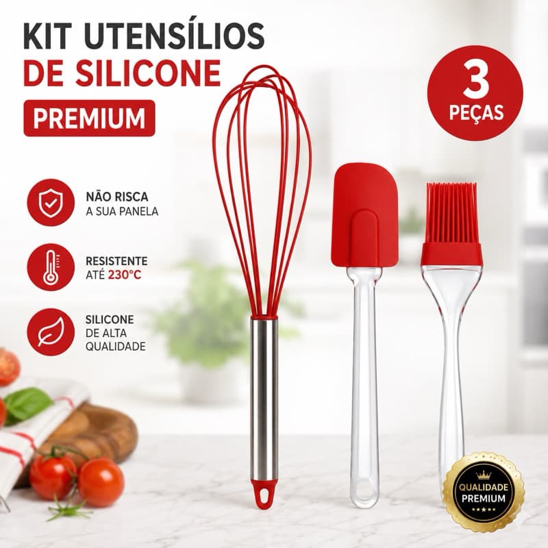 Kit Utensílios de Silicone 3 Peças Espátula Pincel Fuê Cabo Inox Antiaderente