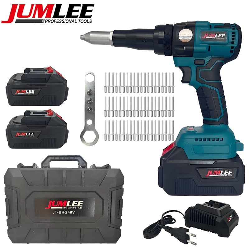 Rebitador Elétrico Sem Fio JUMLEE 48V Brushless - Kit Completo com Baterias e Rebites