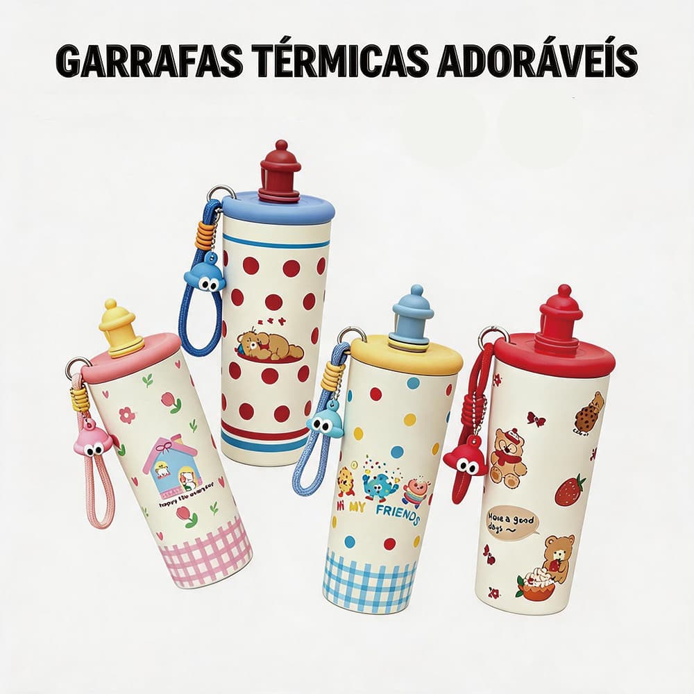 Garrafa térmica portátil de alta aparência com estampa de morango infantil, copo de água portátil para meninas