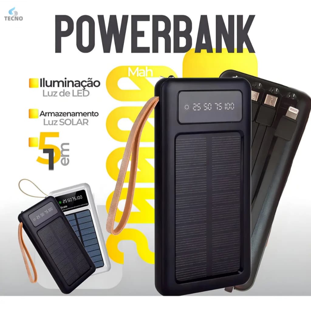 Carregador Portátil Power Bank Solar 20.000mah Com cabos 5 Em1 LED lanterna