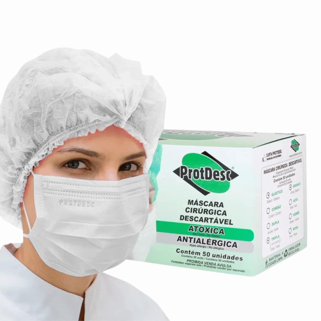 Máscara Descartável com Elástico Protdesc Tripla Camada Facial Antialérgica Branca