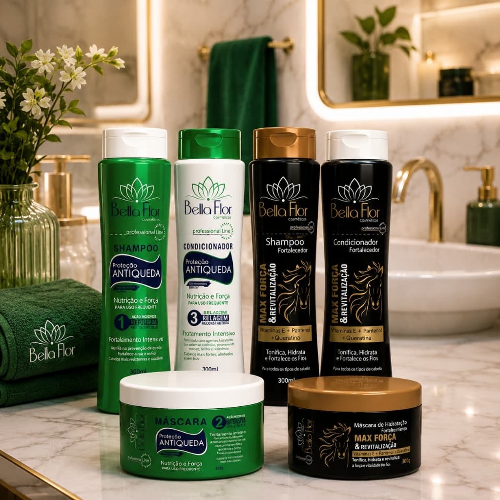 2 Kits Capilares Anti-Queda e Força 6 Produtos Shampoo Condicionador Máscara Bella Flor Fortalecimento Brilho