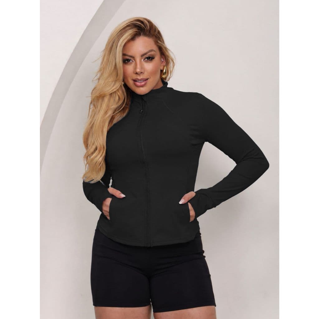 Jaqueta Fitness Feminina Poliamida Com Zíper Bolso E Dedeira Manga Longa Academia Estilosa Moda Gringa