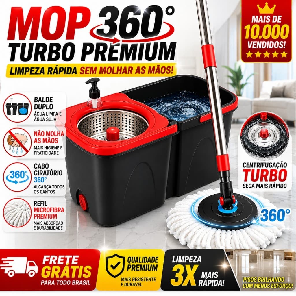 Mop 360° Giratório Turbo Balde Duplo Inox Premium