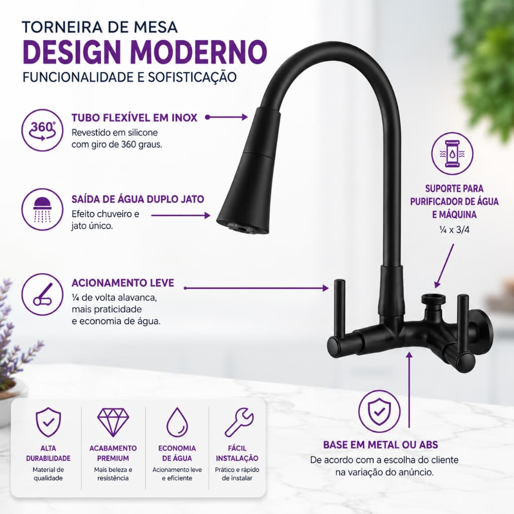 Torneira Flexivel Para Cozinha Com Saida Purificador e Maquina 1/4 x 3/4, Torneira Cozinha Parede