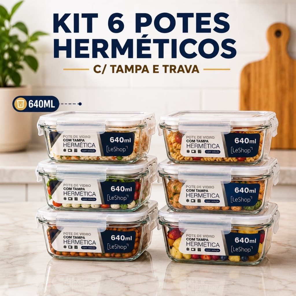 Conjunto 6 Potes Vidro 640ml Herméticos Marmitas Fitness 4 Travas Forno Microondas Airfryer