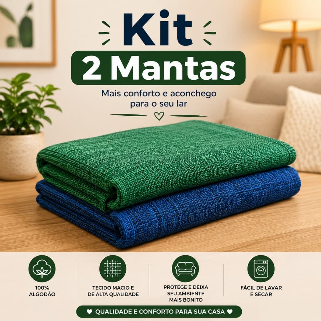 KIT 2 Mantas Confort Solteiro Algodão Decorativa 2,20x1,50