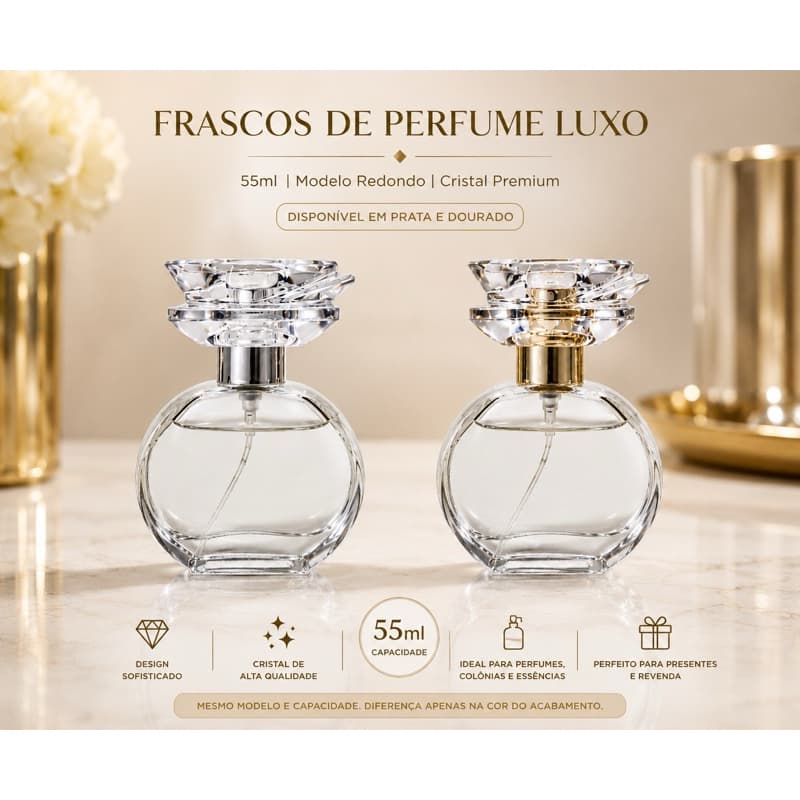 1 Frasco de Perfume Luxo Cristal 55ml – Modelo Redondo