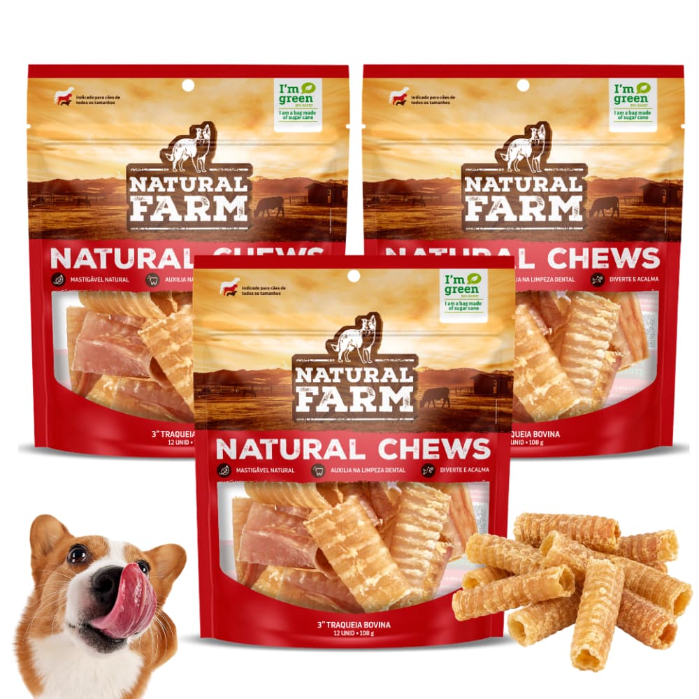 Petisco Traqueia Bovina Natural 12un a 36un Natural Farm - Mordedor Natural para Cães