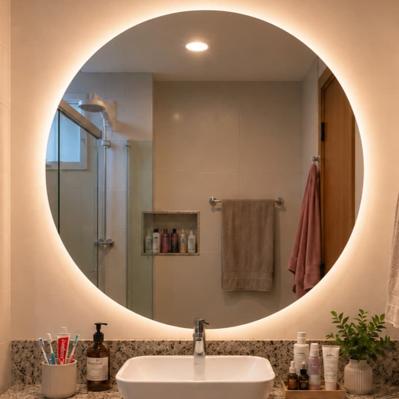 Espelho Redondo com 3 Cores Led 50x50cm Lapidado Decoração de Parede Sala Banheiro Quarto