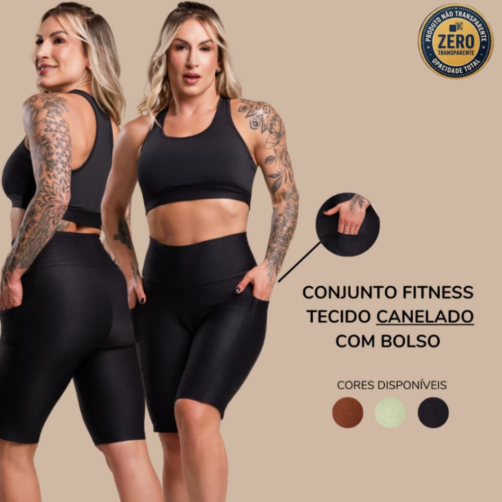 Conjunto Fitness Feminino Canelado Brilhoso Academia Top Nadador e Bermuda Esportiva Bolso Cintura Alta RIQ Modas