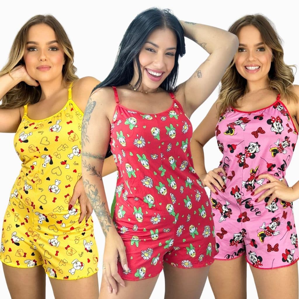 Pijama Macaquinho Feminino Estampa Personagem Alça Regulável Confortável Dormir Verão