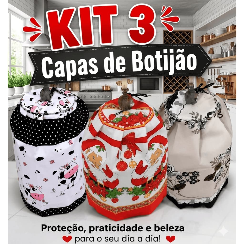 Kit Capa Botijão Gás 13kg Tecido Oxford Resistente Reforçada Premium Estampas Sortidas Decoração Cozinha