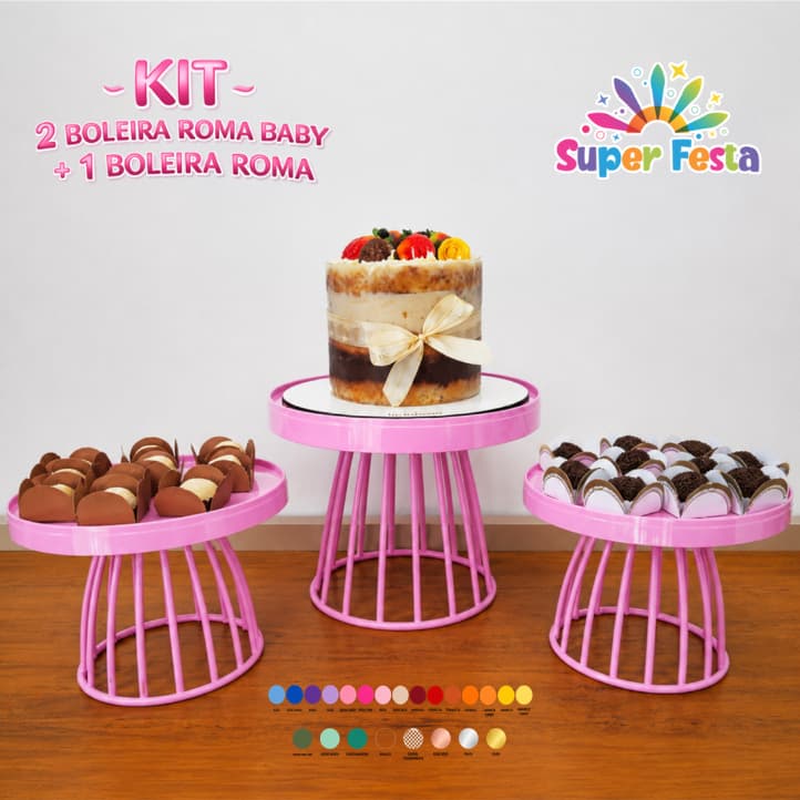 Kit 1 Boleira Roma 23cm e mais 2 Boleiras Roma Baby 18cm para Festa e Decoração