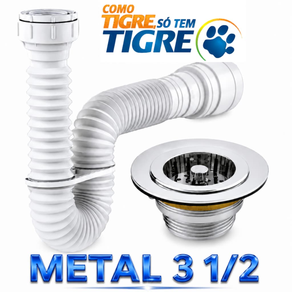 Sifão Sanfonado Tigre Válvula Pia De Cozinha Metal 3 1/2 Cuba De Inox Anti Odor Ralo