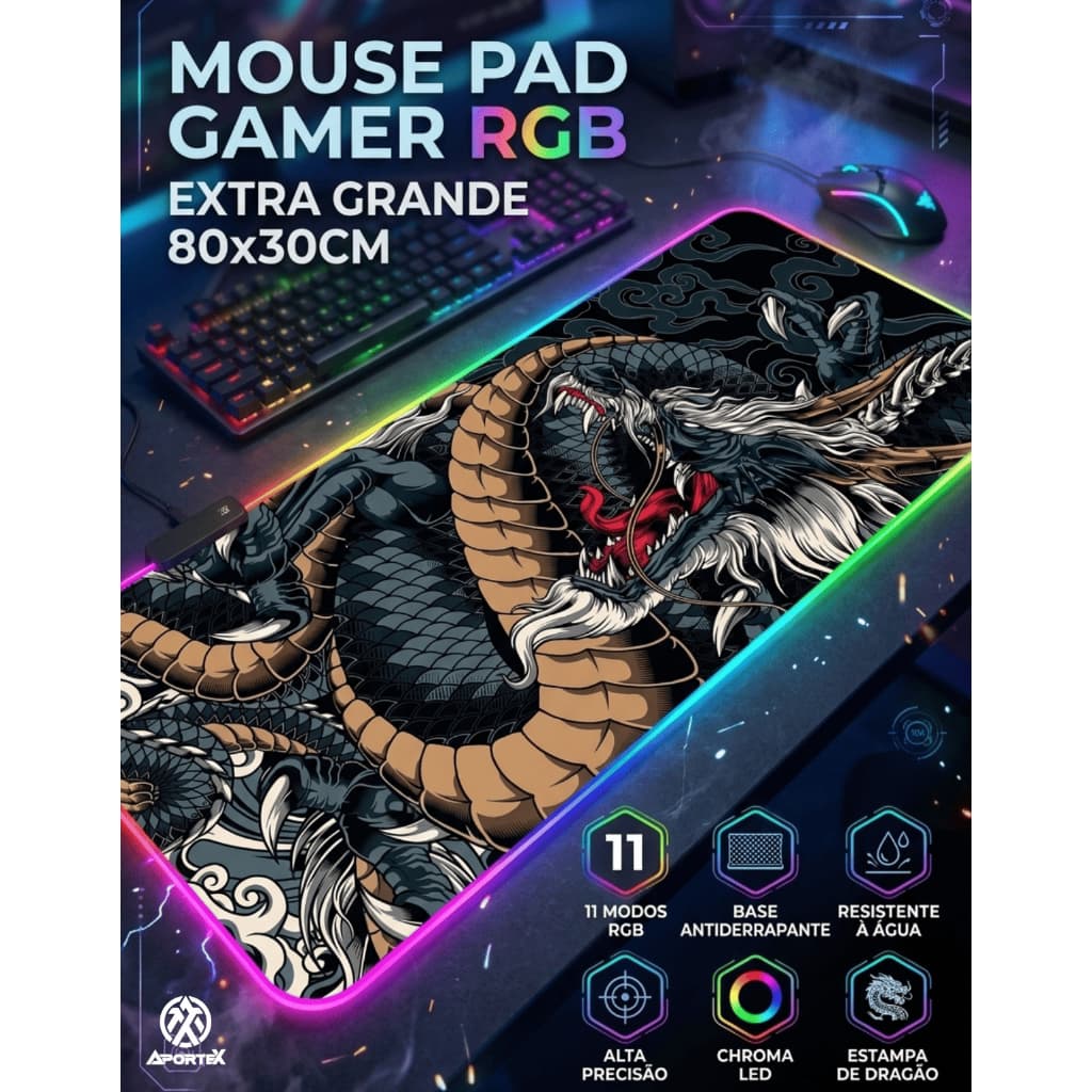 MousePad Gamer RGB Led 80x30 Extra Grande Estampa Dragão Antiderrapante USB