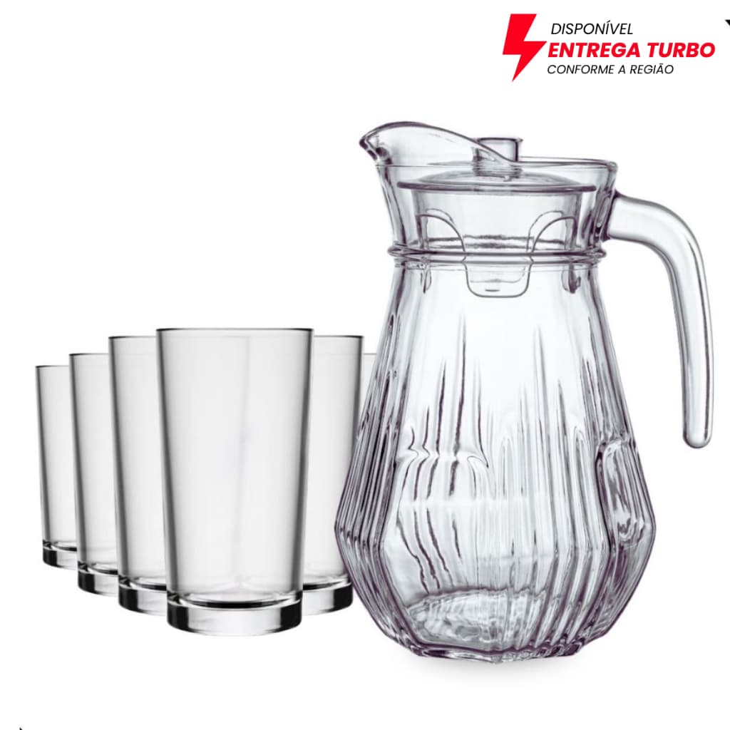 Jogo De Jarra Com 6 Copos Em Vidro Para Água Suco Kit Ideal Mesa Posta