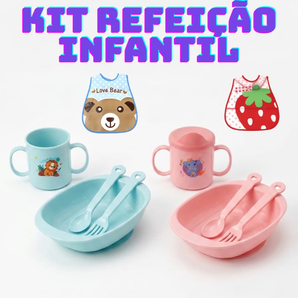 Kit Refeição Infantil 5 Peças Reforçado Prato Colher Garfo Copo e Babador Alibaby Verde e Rosa
