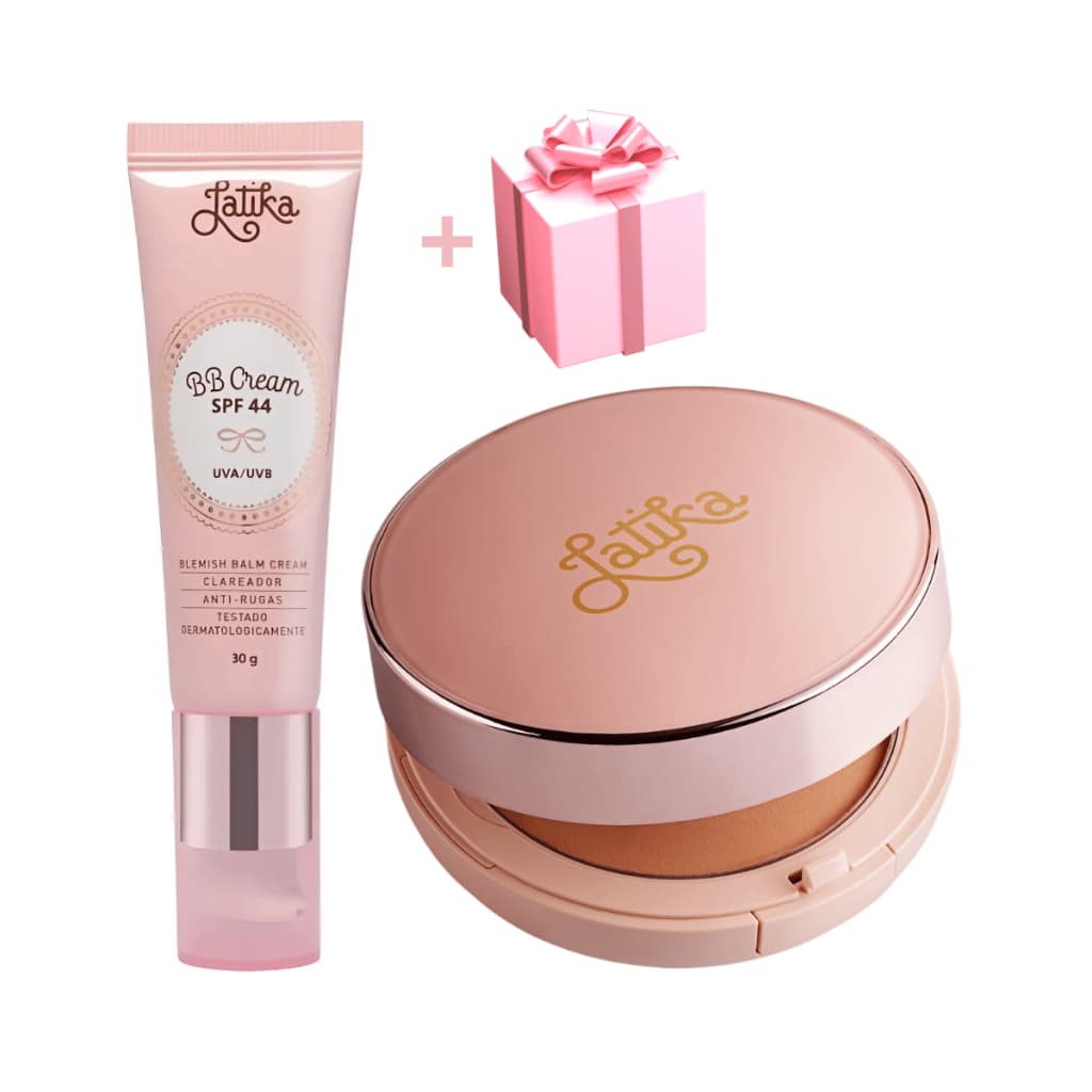 Kit Base BB Cream + Powder Latika Bege Claro Pó Compacto Original Clareador Fps 44