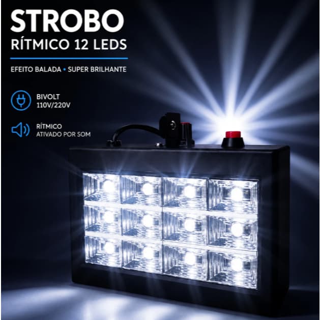 Mini Strobo LED 12 LEDs Branco Alta Potencia Efeito Flash Festa DJ Balada