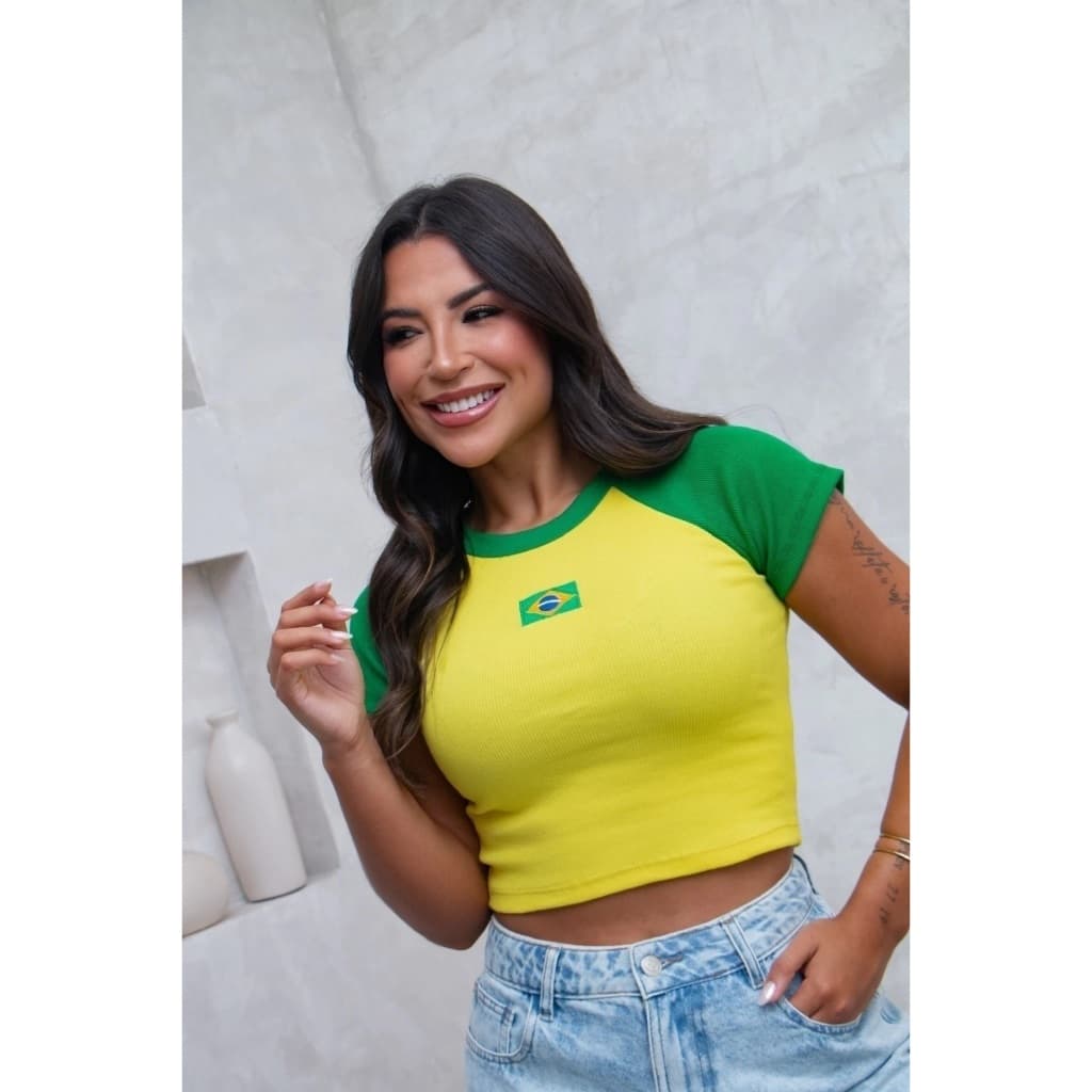 Cropped Bicolor Copa do Mundo Brasil Ribana Bordado Manga Curta Sem Bojo