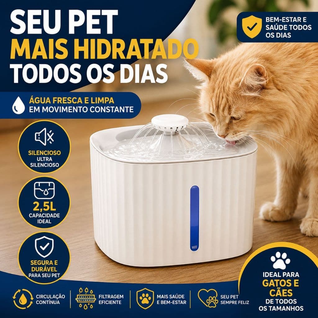 Bebedouro Fonte Água Automático Elevado Pet Gato Cão Filtro Silencioso USB Hidratação