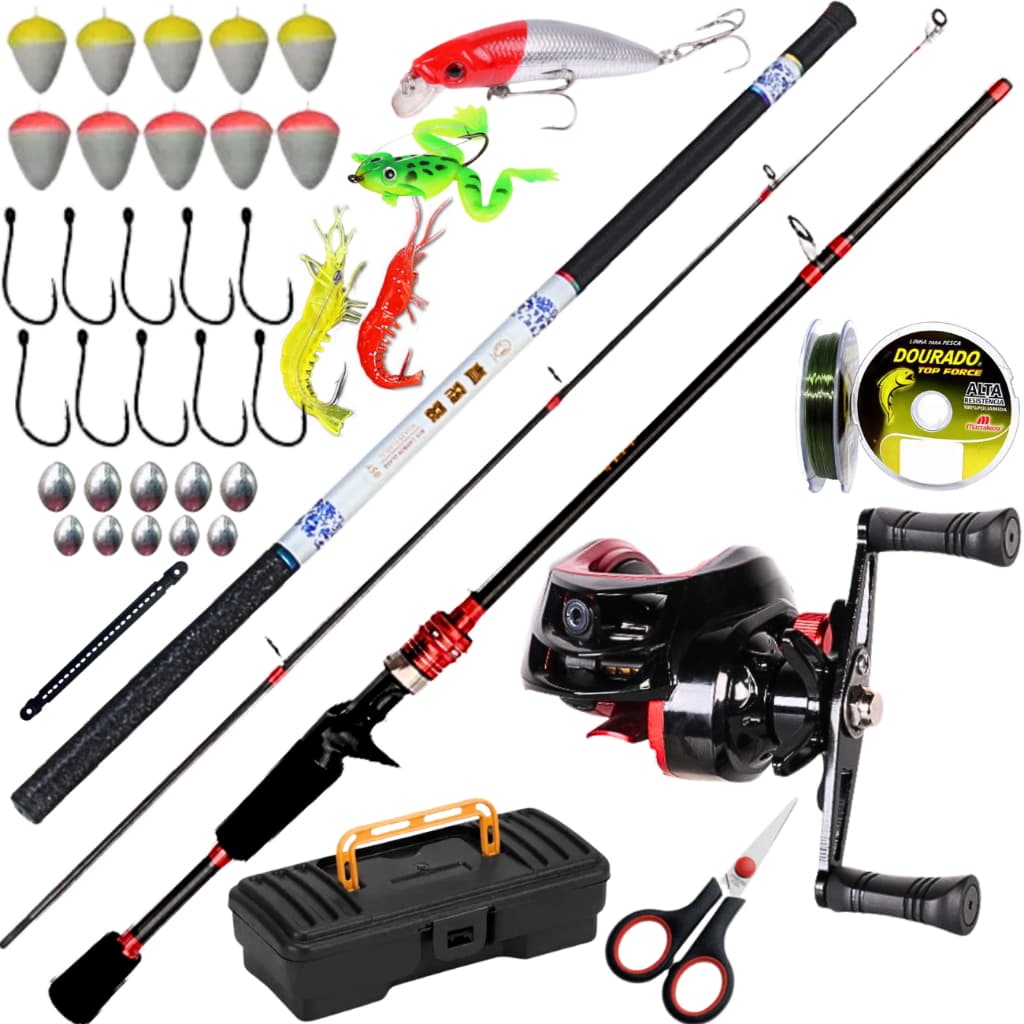 Carretilha De Pesca Kit Vara Carbono Telescopica Isca Anzol Chumbada Linha Maleta Camarao bóia Kit