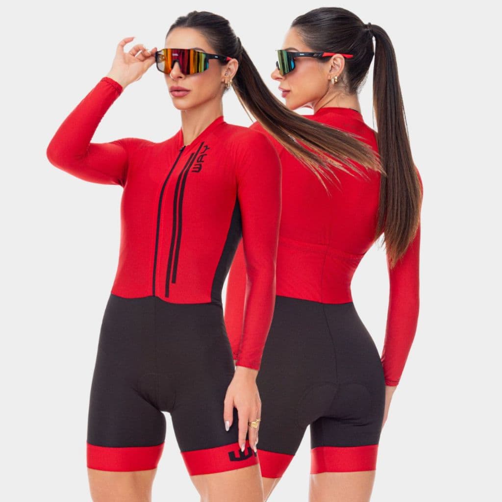 Macaquinho Macacão Ciclismo Feminino Manga Longa Vermelho Inverno Forro em Gel Bike Pedall MTB Speed