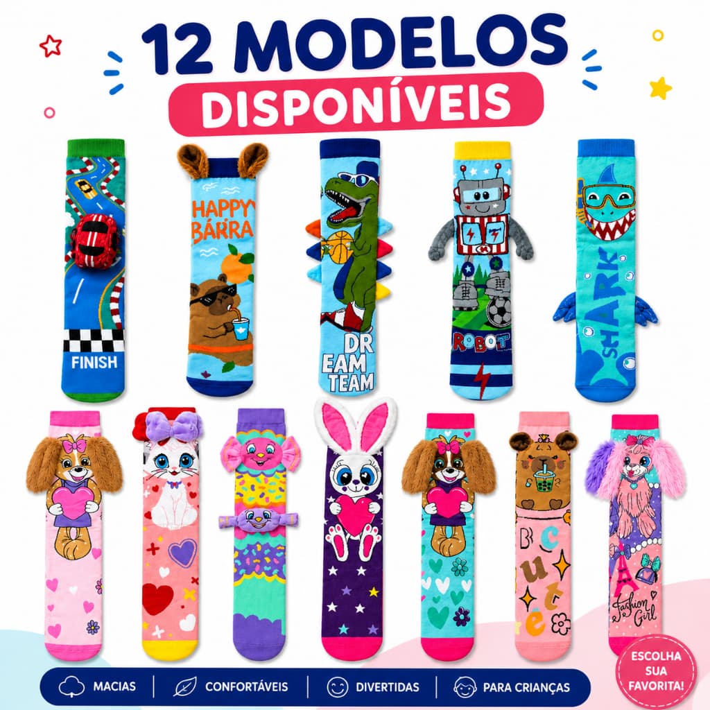 MEIA MALUKA DIVERTIDA ANIMAIS INFANTIL 3D CANO ALTO ANIMAIS ESCOLA MENINO MENINA