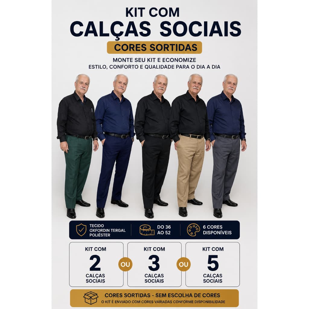 Kit 5 Calça Social De Senhor Com Pregas E 4 Bolsos Forrados - Modelagem Reta, Elegante e Confortavél