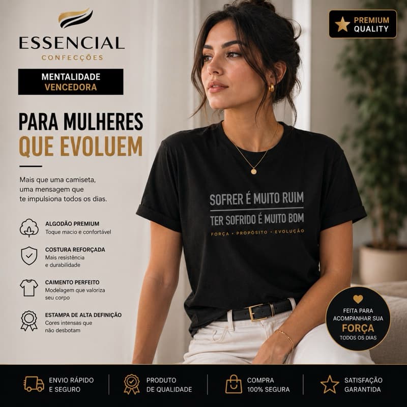 Camiseta Feminina Premium Mentalidade Vencedora Frase Motivacional Algodão Confortável