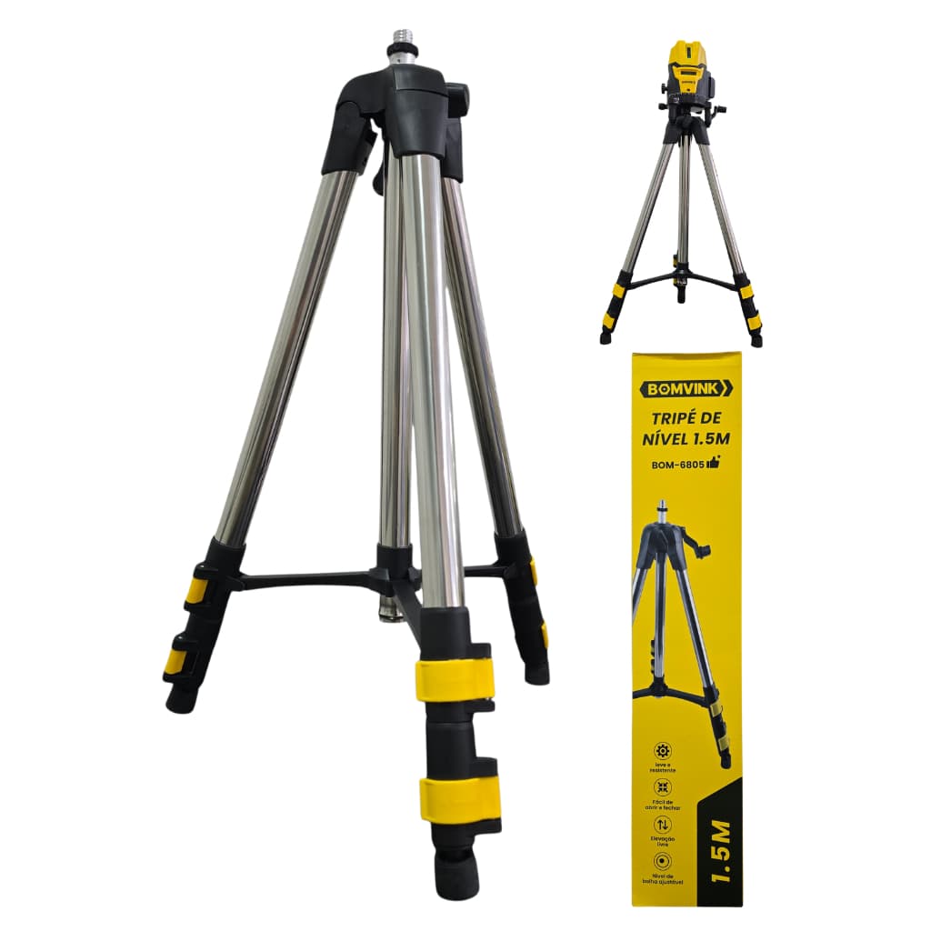 Tripé Profissional Para Nível Laser 1.5 Metros Em Aço Inox Reforçado Bomvink BOM-6805 Estável