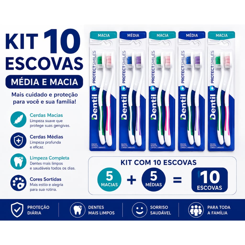 kit Escova Dental Dentil Protect Smiles Macia e Media c/2 unid./emb.Cerdas Suaves Limpeza Profunda Conforto Bucal Adulto