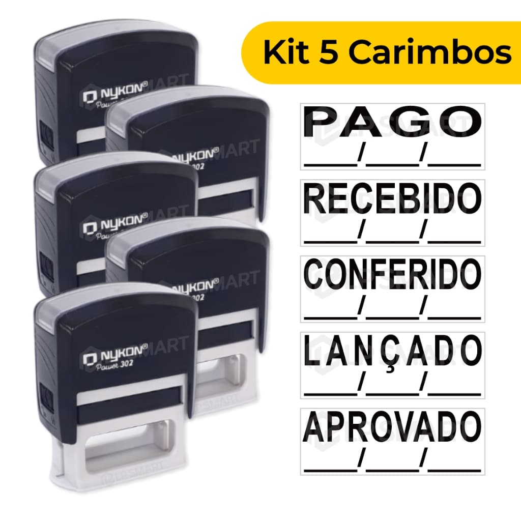 Kit 5 Carimbos Administrativos PAGO RECEBIDO CONFERIDO LANÇADO APROVADO Empresa Escritório Completo