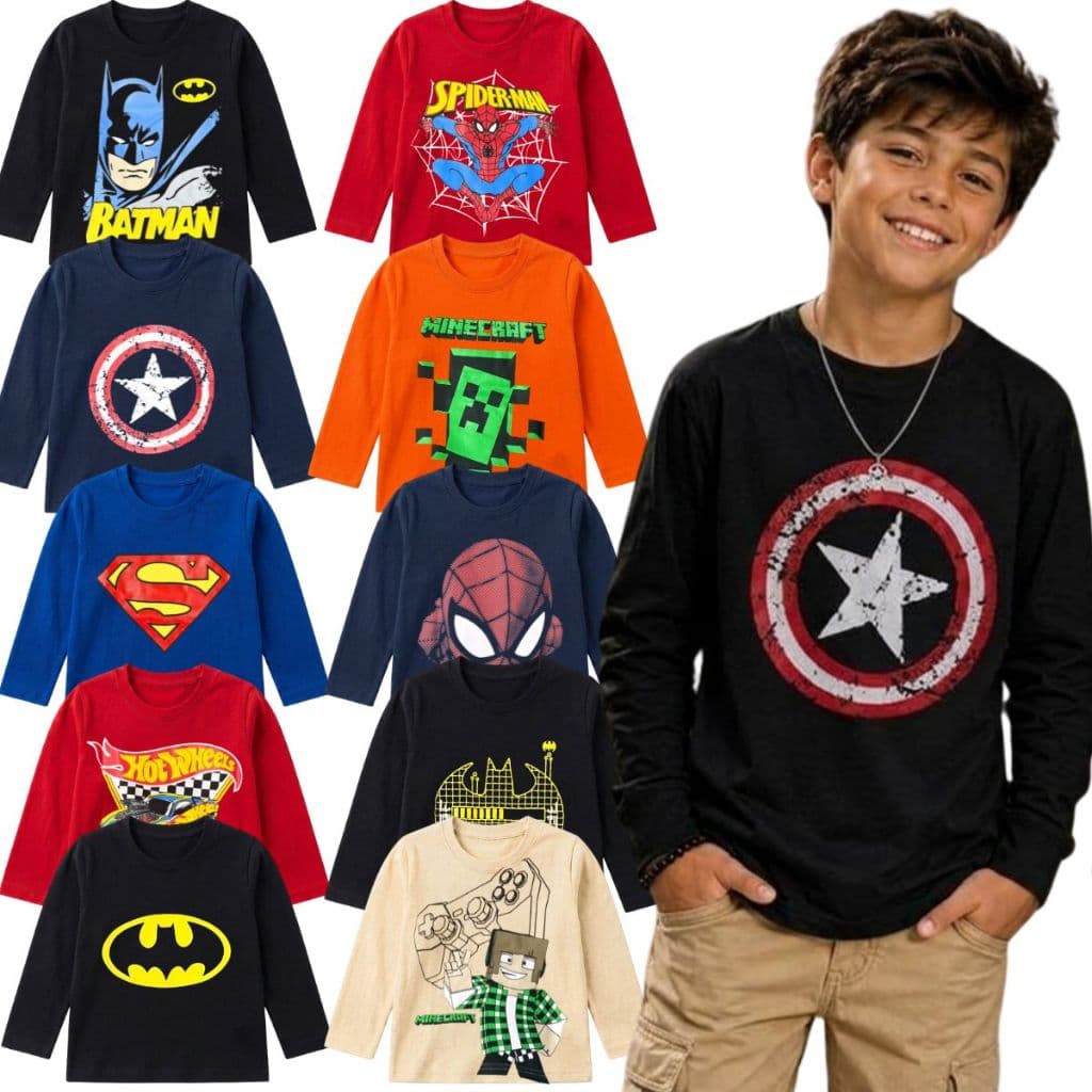 Camiseta Manga Longa Infantil Menino 100% Algodão do Tamanho 4 ao 8 | Blusa Infantil Menino Manga Longa