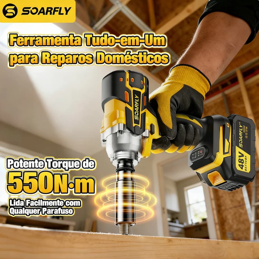 Chave de Impacto  Eletrica 550NM Parafusadeira Furadeira Brushless 2 Baterias kit ferramentas completo