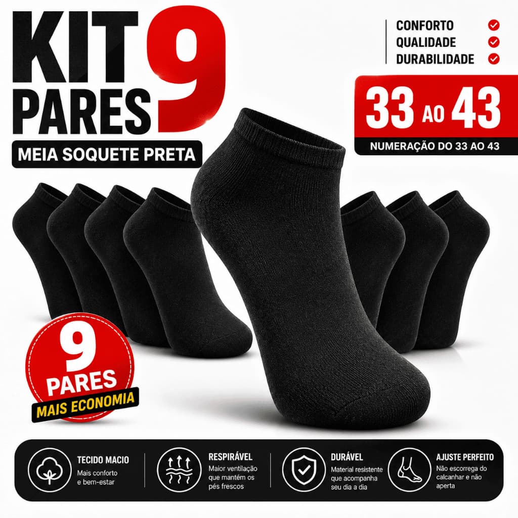 Kit 9 Pares Meia Soquete Preta Unissex Algodão Cano Baixo Confortável Academia Trabalho