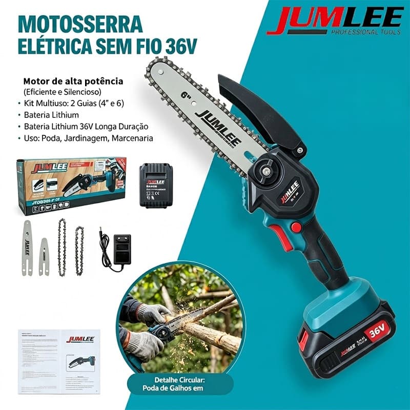 Mini Motosserra Elétrica 36V Sem Fio Podar Árvores Jardim Serra Portátil Bateria Recarregável Completa